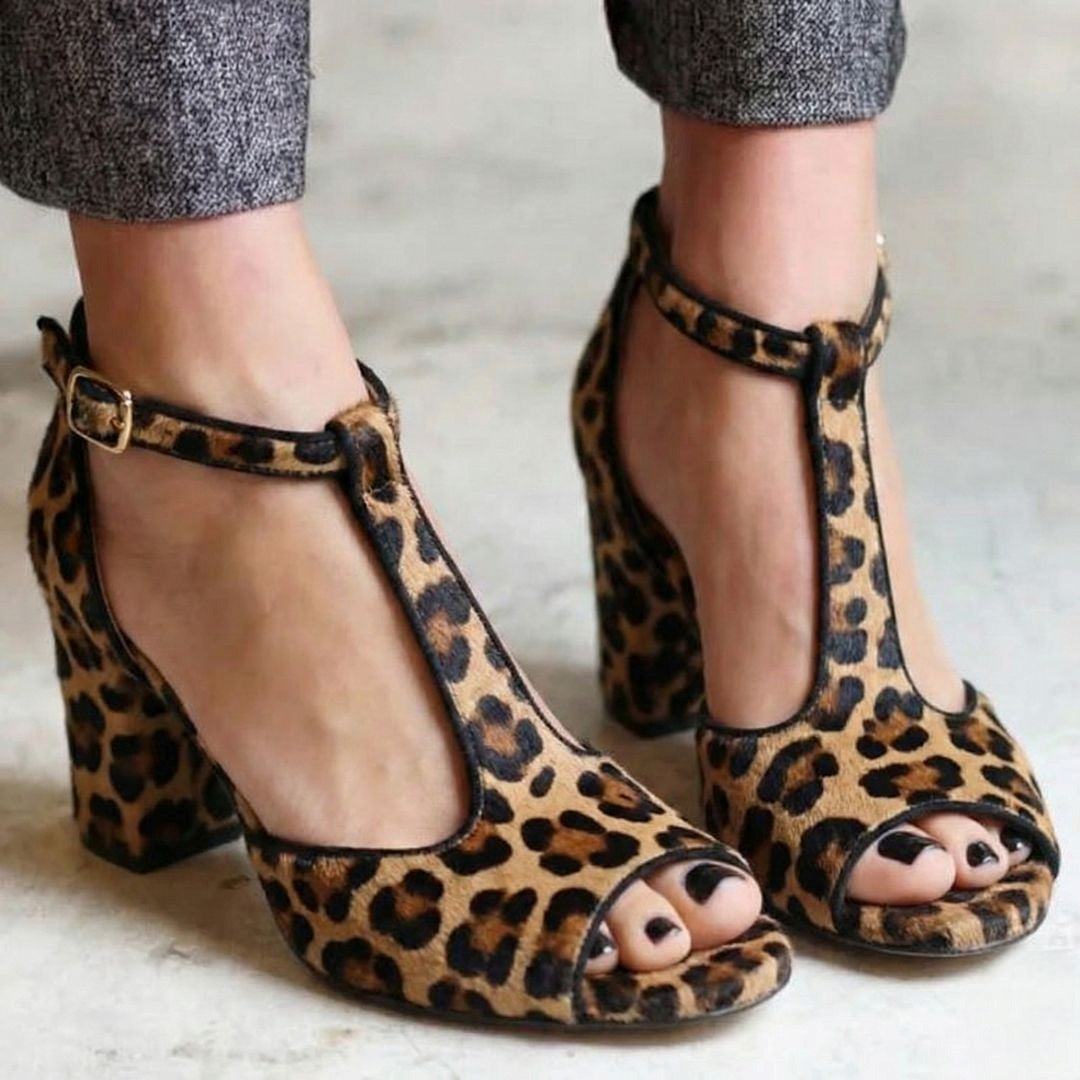 Stylish Leopard Pattern T-Bar Strap Block Heel High Heel Pumps [Pre Order]