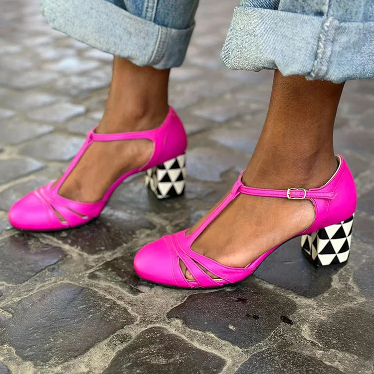 Tacones gruesos fucsia con estampado geométrico y hebilla con correa en T hueca 