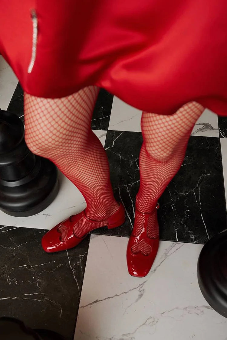 Scarpe rosse con tacco basso e punta quadrata a forma di cuore [Pre-ordine]