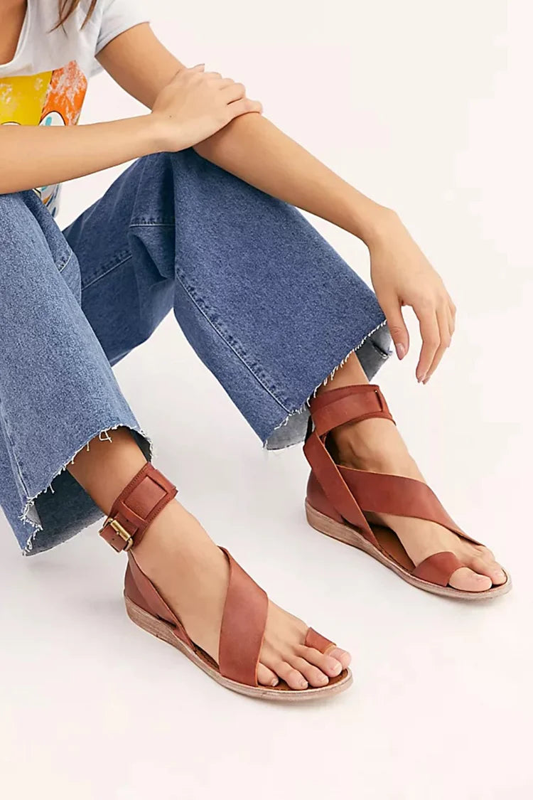 Solid Color Ankle Strap Buckle Toe Ring Brown Sandals [Pre Order]