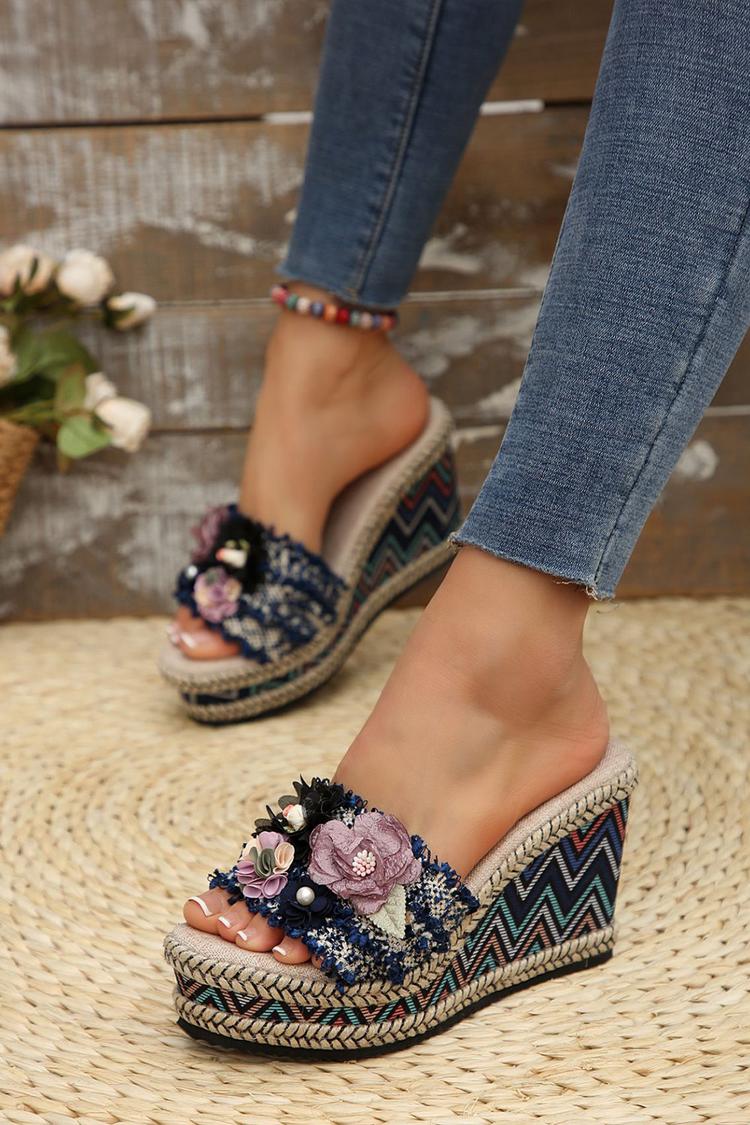 Wielokolorowa 3D dekoracja kwiatowa, okrągły nosek, casualowe, na zewnątrz, koturny na obcasie