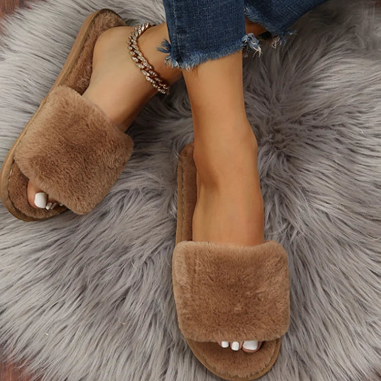 Solid Color Casual Round Toe Faux Fur Fluffy Slippers