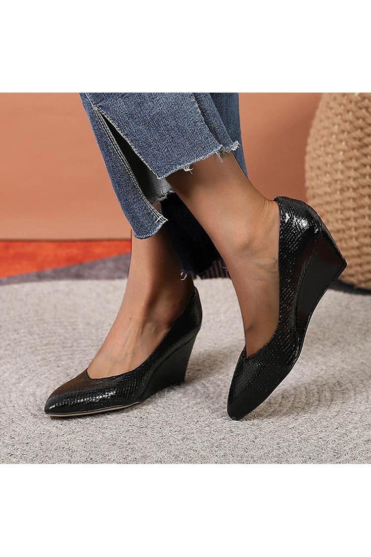 Scarpe con tacco a zeppa casual a punta con stampa serpente in tinta unita