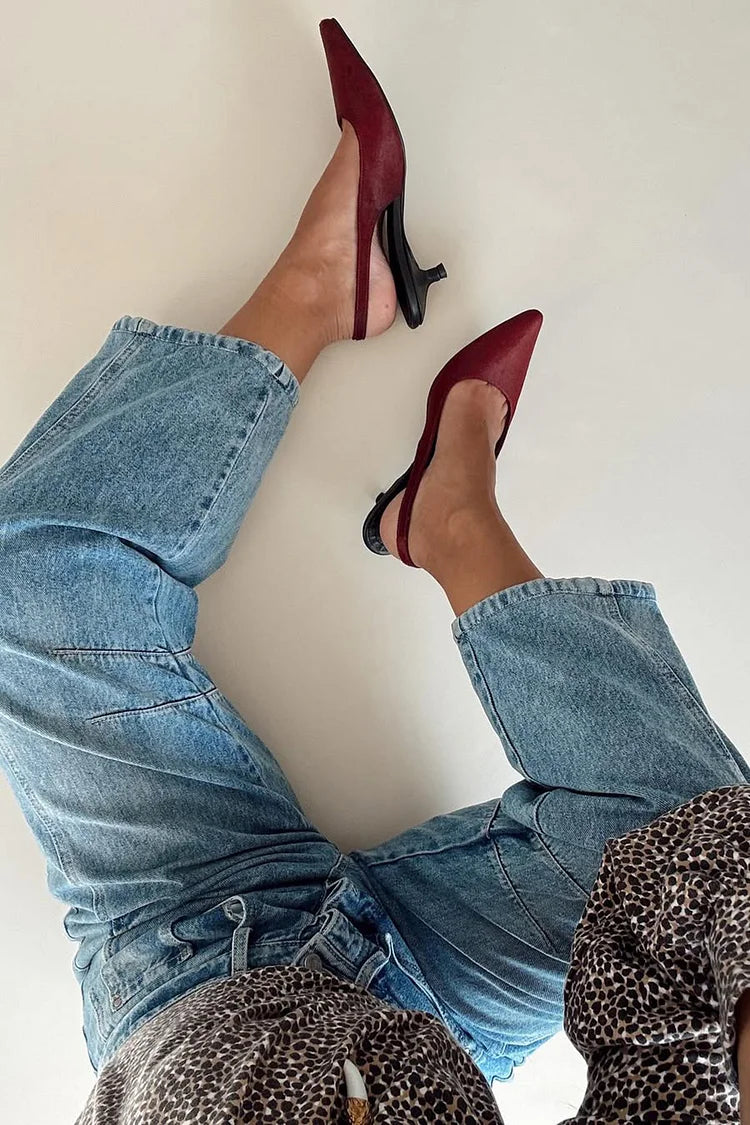 Jednokolorowe czółenka na niskim obcasie z odkrytą piętą, ciemnoczerwone [Przedsprzedaż]