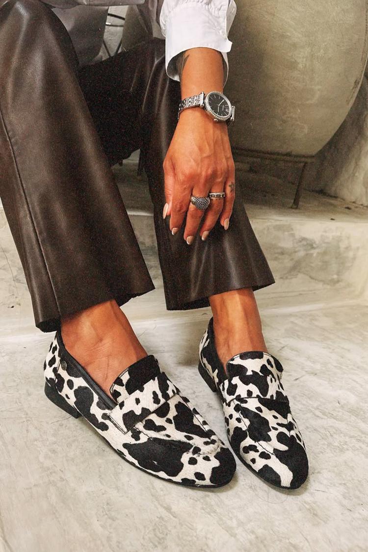Cow Pattern Patchwork Round Toe Black Loafers [Pre Order]