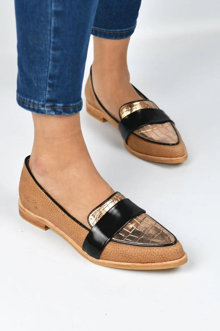 Crocodile Print Patchwork Pointed Toe Brown Loafers [Pre Order]