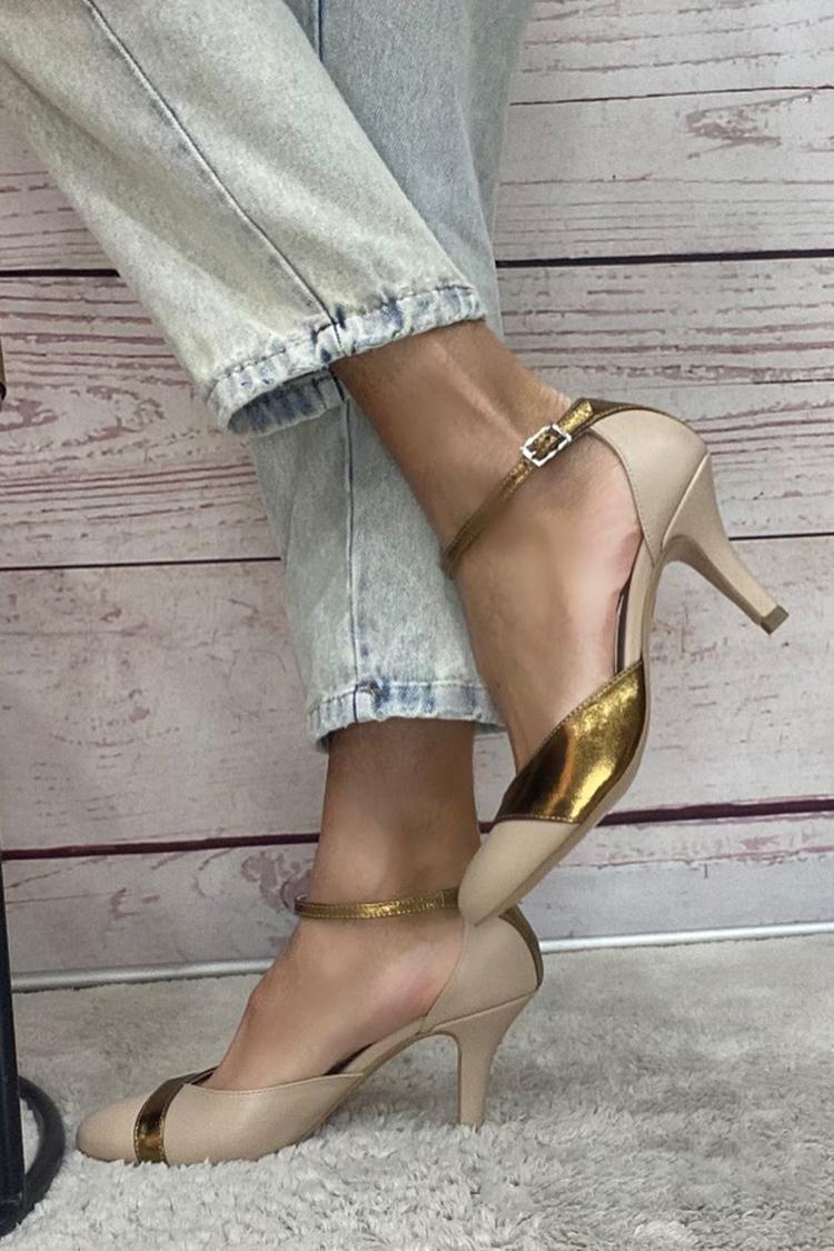 Metallic Sheen Ankle Strap Buckle Patchwork Khaki Stiletto Heels [Pre Order]