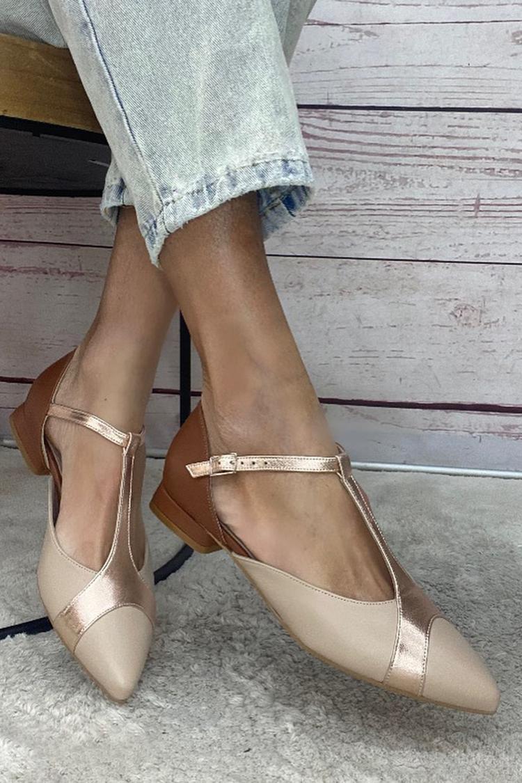 Patchwork sandały z paskiem w kształcie litery T, klamra, kolorowe, spiczasty nosek, khaki baleriny [Przedsprzedaż]