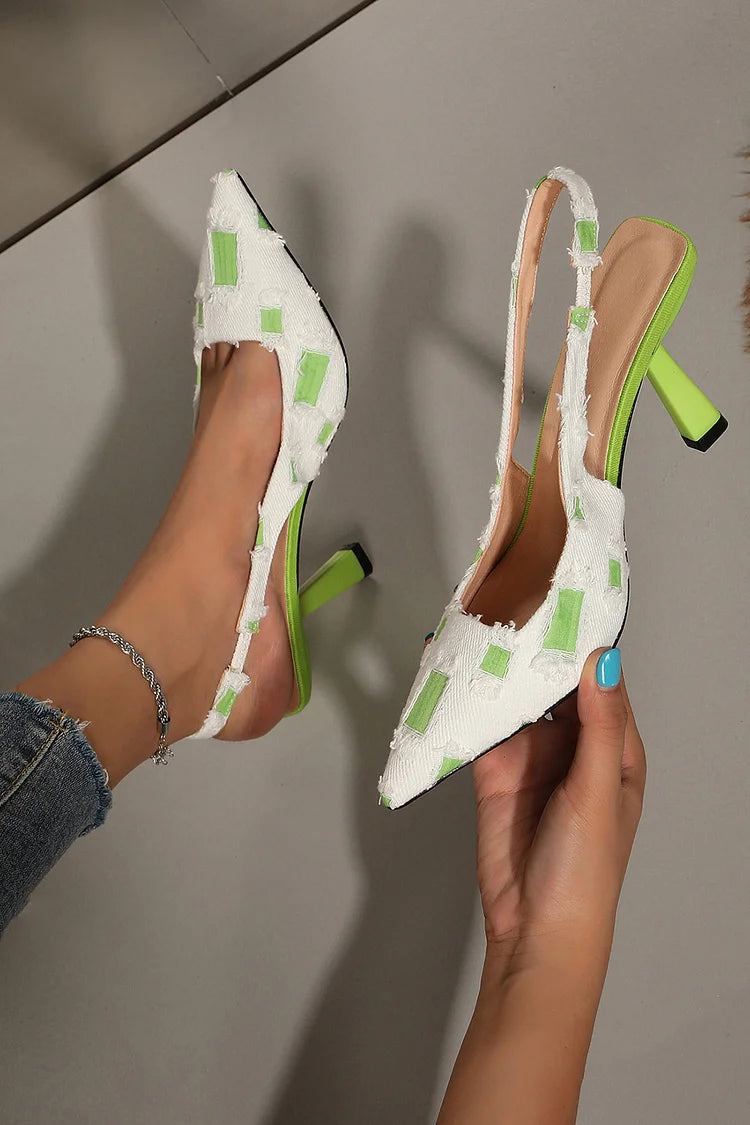 Colorblock Raw Trim Denim Pointed Toe Slingback Stiletto Heels