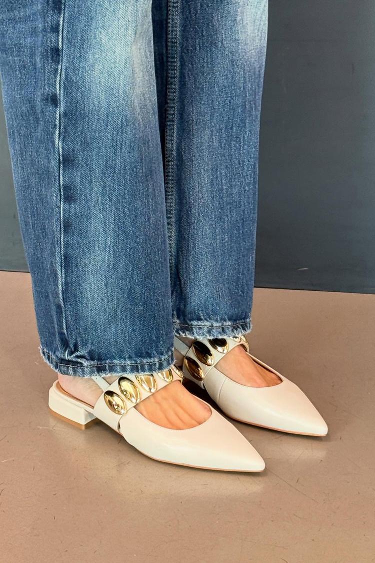 Metalowe ozdobne beżowe baleriny z odkrytą piętą i szpiczastym noskiem [Przedsprzedaż]