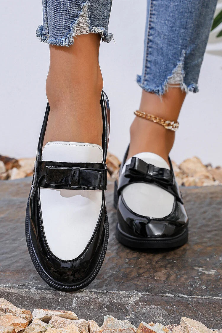 Bow Decor Colorblock Round Toe Low Block Heel Loafers