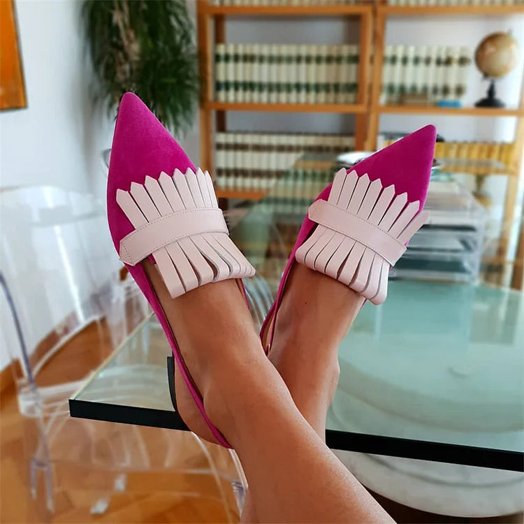 Fringed Trim Pointed Toe Slingback Retro Flats