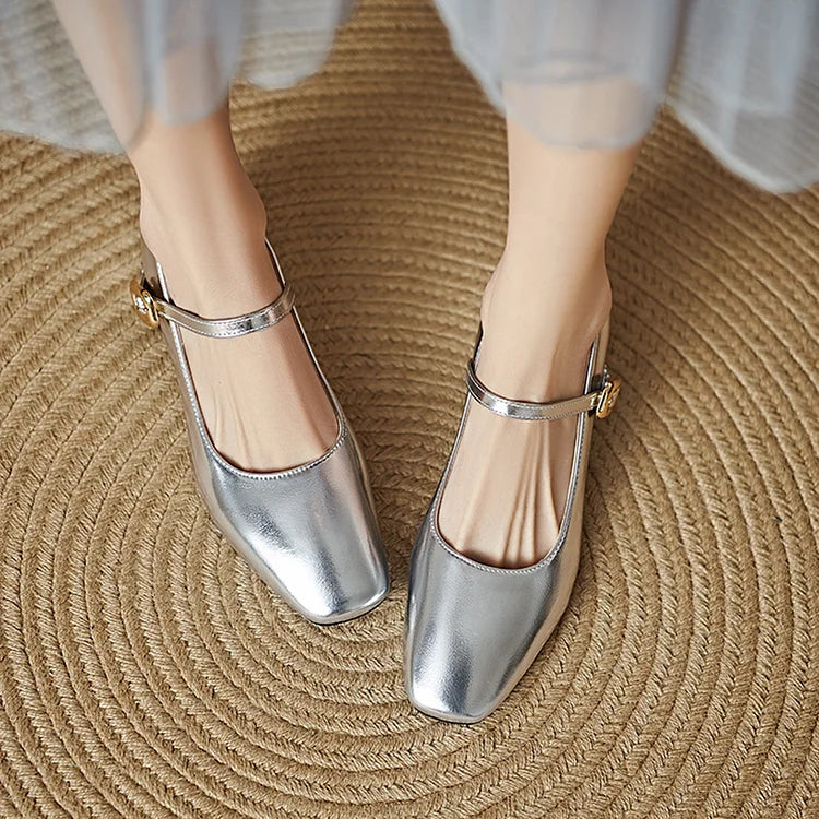 Instep Strap Buckle Metallic Sheen Square Toe Chunky Heels