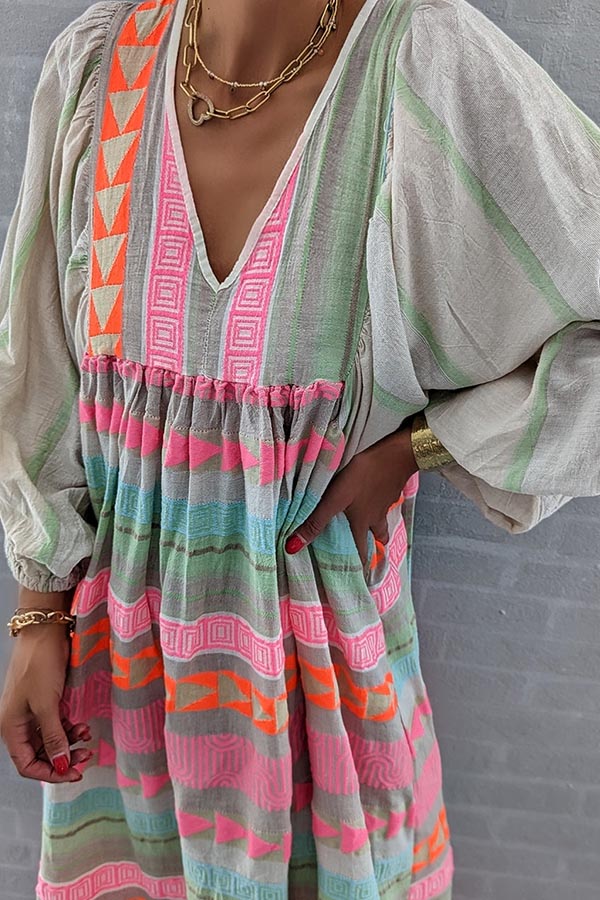 Pink Greek Key and Orange Chain Striped Print Midi Dress