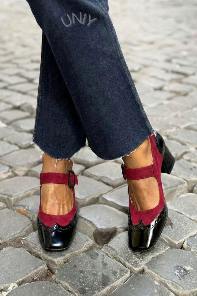 Patchwork Square Toe Instep Strap Buckle Low Heels