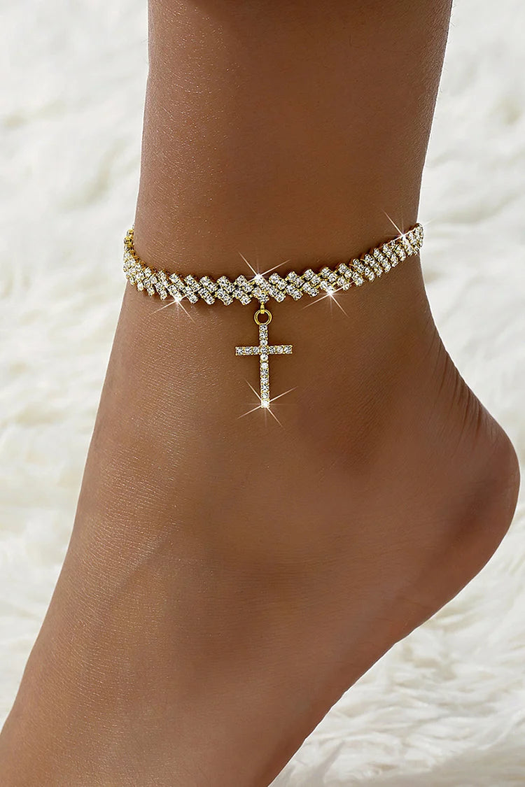 Cavigliera alla moda in lega con ciondolo a croce con decorazione in strass 