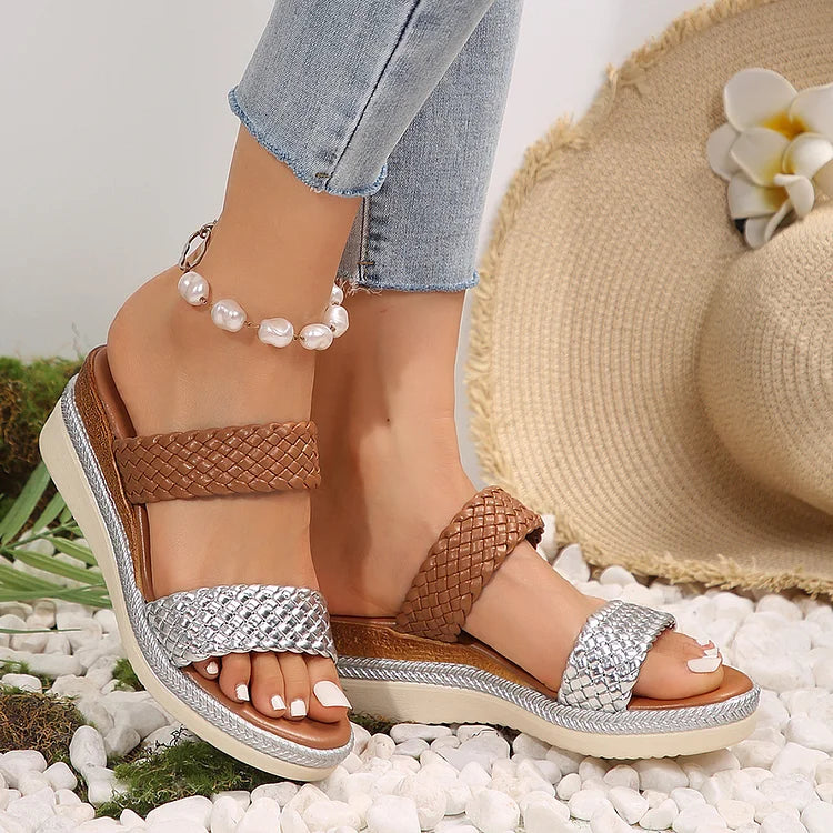 Colorblock Woven Instep Strap Open Toe Casual Wedge Slippers