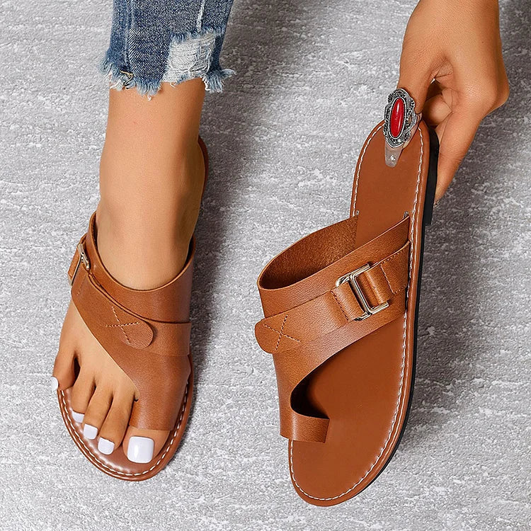 Buckle Decor Toe Ring Patchwork Stitch Detail Slippers