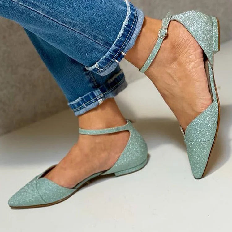 Ankle Strap Buckle Glitter Pointed Toe Green Flats