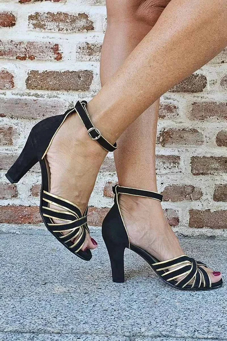 Ankle Strap Buckle Contrast Trim Open Toe Black Chunky Heels [Pre Order]