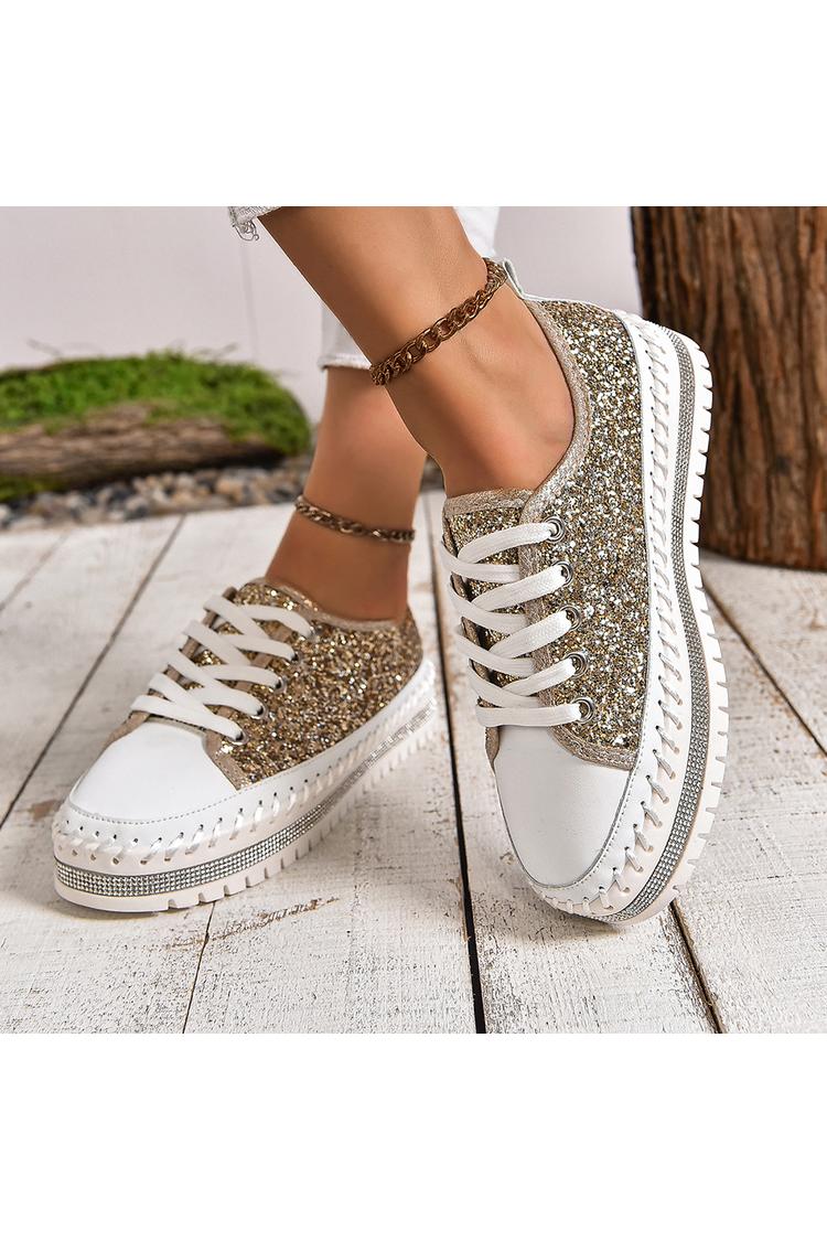 Sneakers casual con lacci e punta tonda con patchwork scintillante e dettagli cuciti 