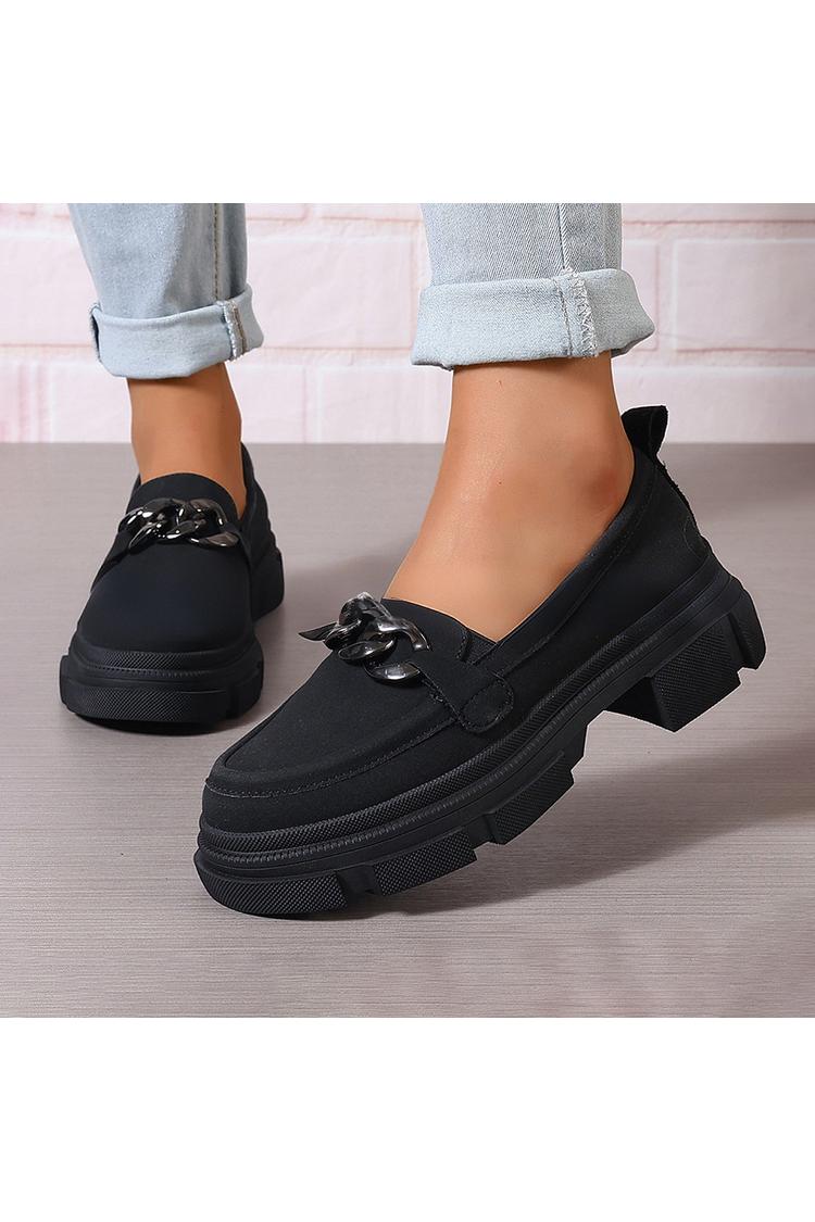 Einfarbige Metallkette Dekor Rundzehen Klobiger Absatz Loafers