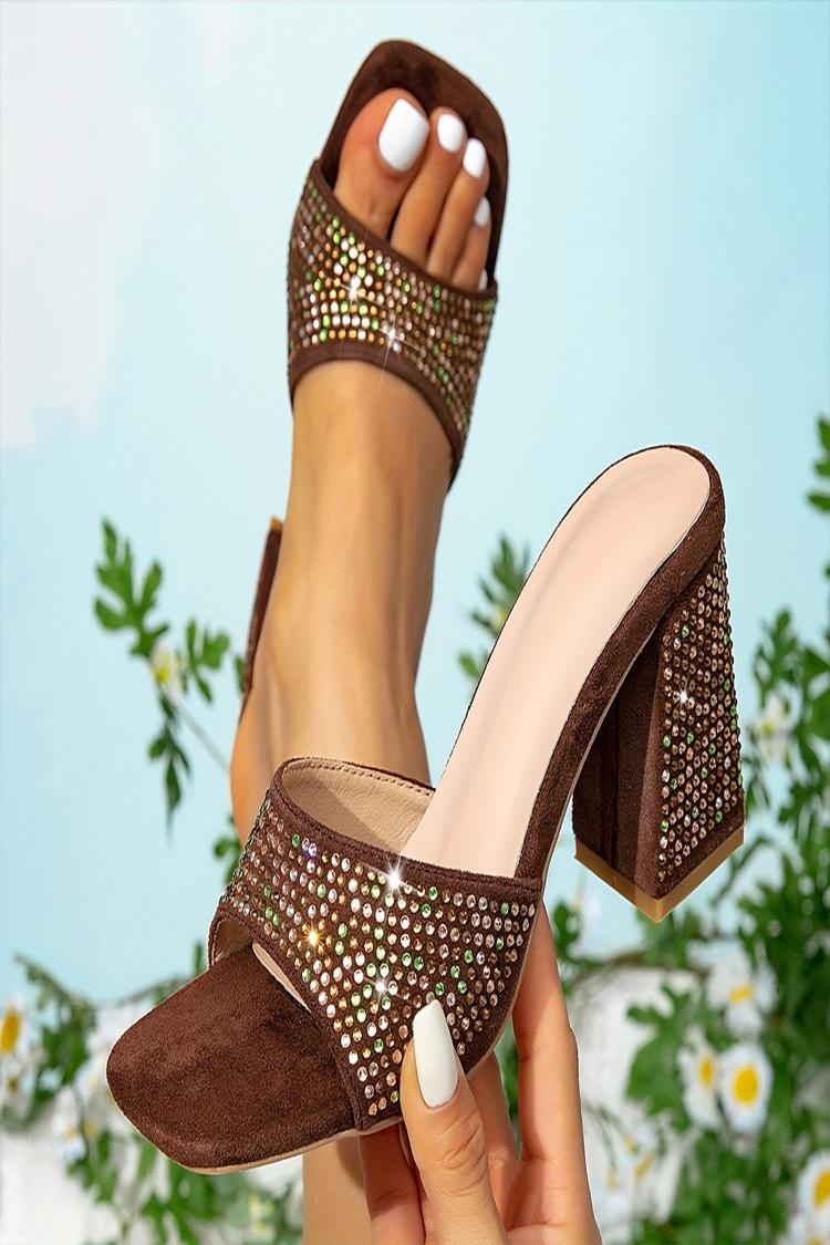 Sandali con punta quadrata e decorazioni in strass, tacco grosso 