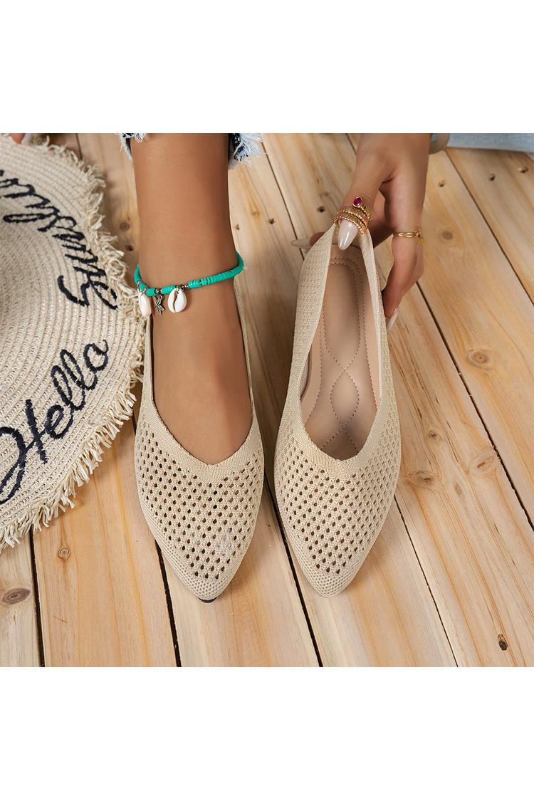 Jednokolorowe ażurowe dziergane casualowe baleriny z ostrym noskiem