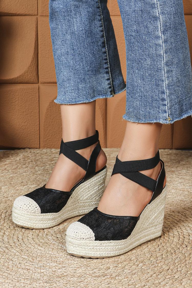 Sandali casual con zeppa, punta rotonda, cinturino incrociato e patchwork in pizzo 