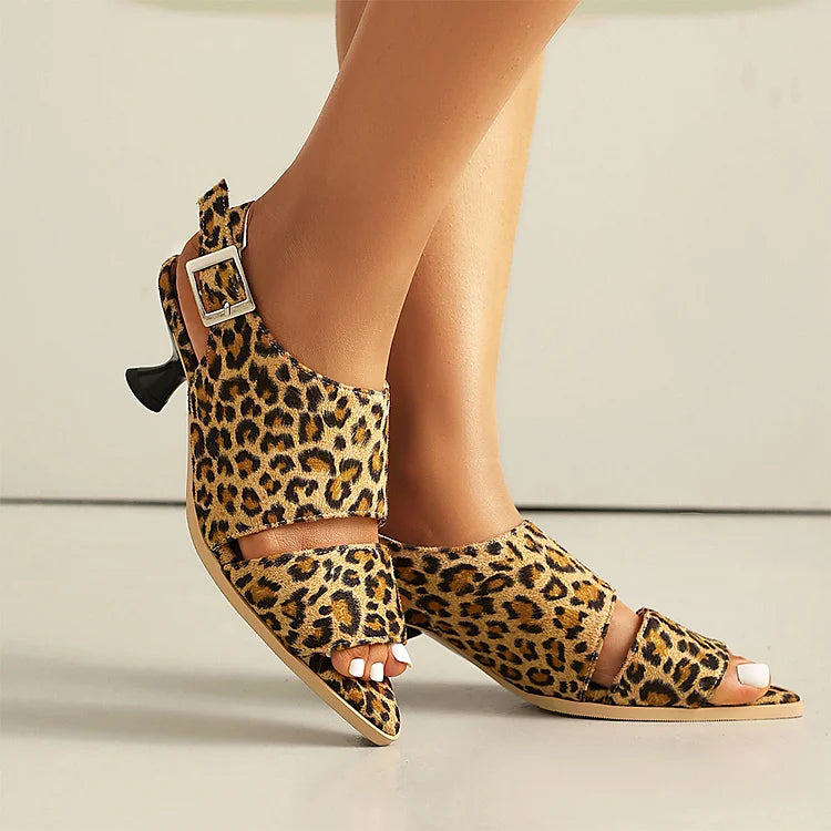 Leopard Pattern Cut Out Peep Toe Slingback Sandals Heels