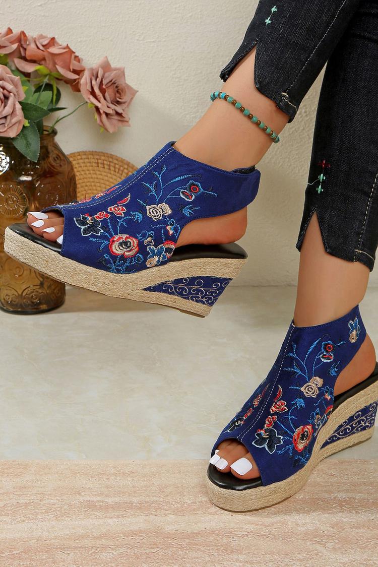 Sandali con zeppa casual con punta aperta e cinturino posteriore, motivo floreale 