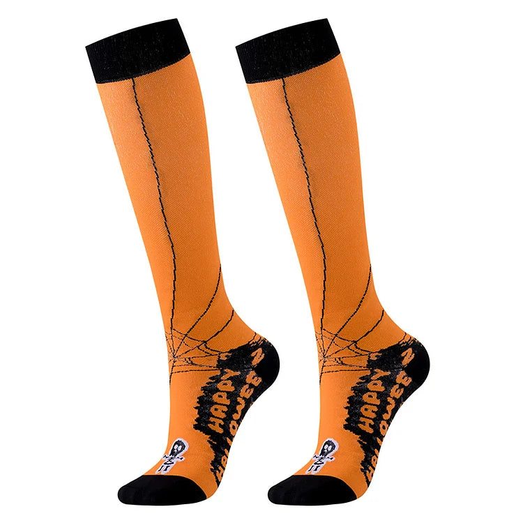 Calcetines por encima de la pantorrilla con estampado de estrellas, casa embrujada, calavera y fantasma de Halloween 