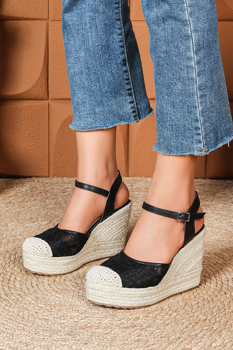 Sandali con zeppa casual con punta tonda, cinturino alla caviglia, fibbia e patchwork in pizzo 