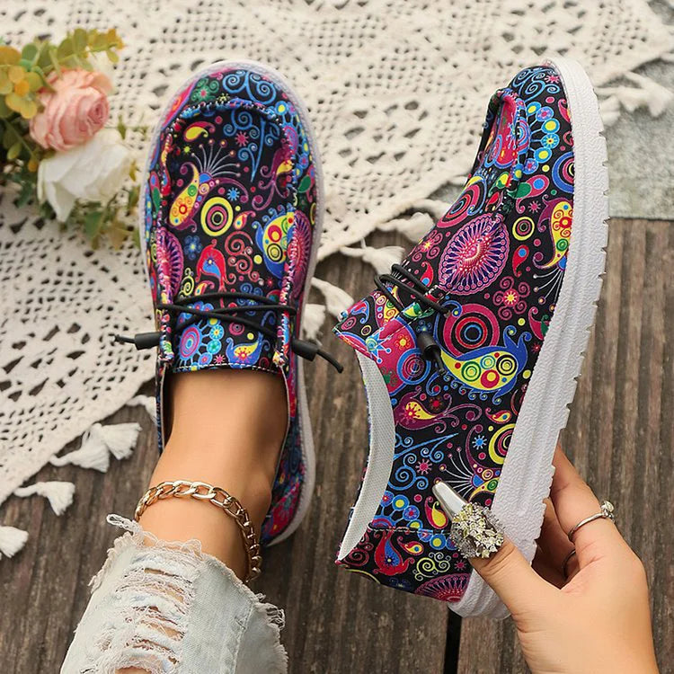 Multicolor Tribal Print Round Toe Lace Up Canvas Sneakers