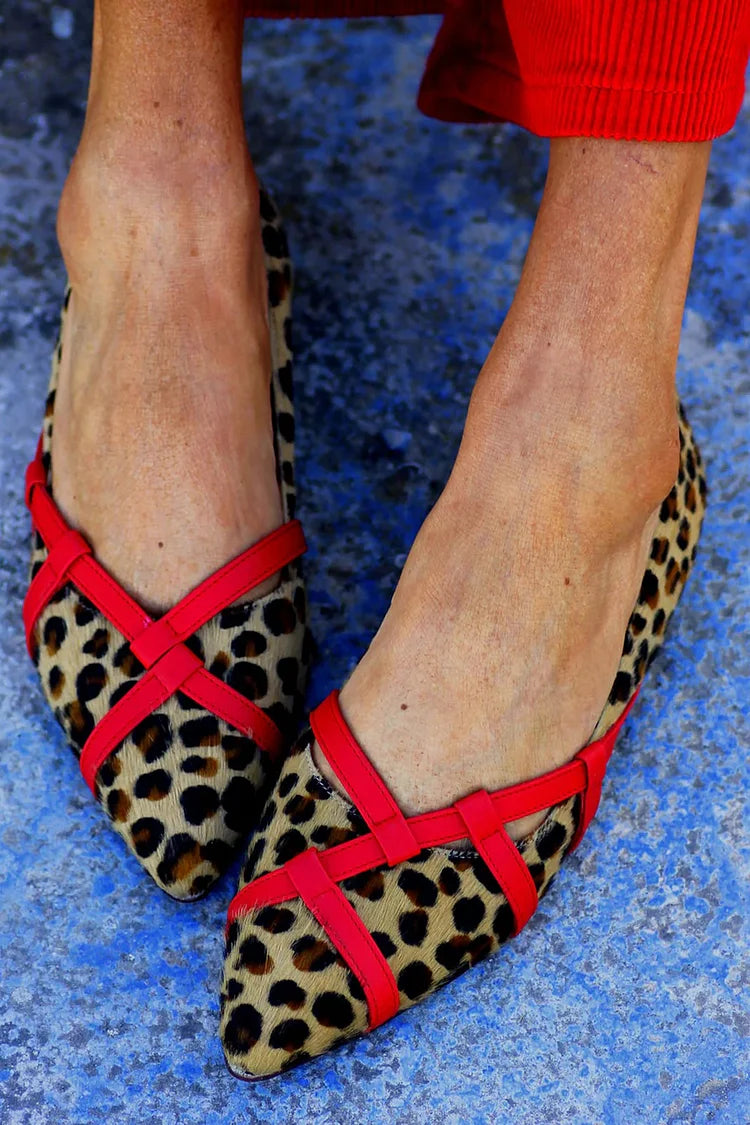 Colorblock Strap Leopard Print Pointed Toe Flats [Pre Order]
