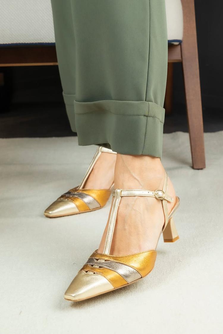 Colorblock T-Strap Buckle Square Toe Gold Low Heels [Pre Order]