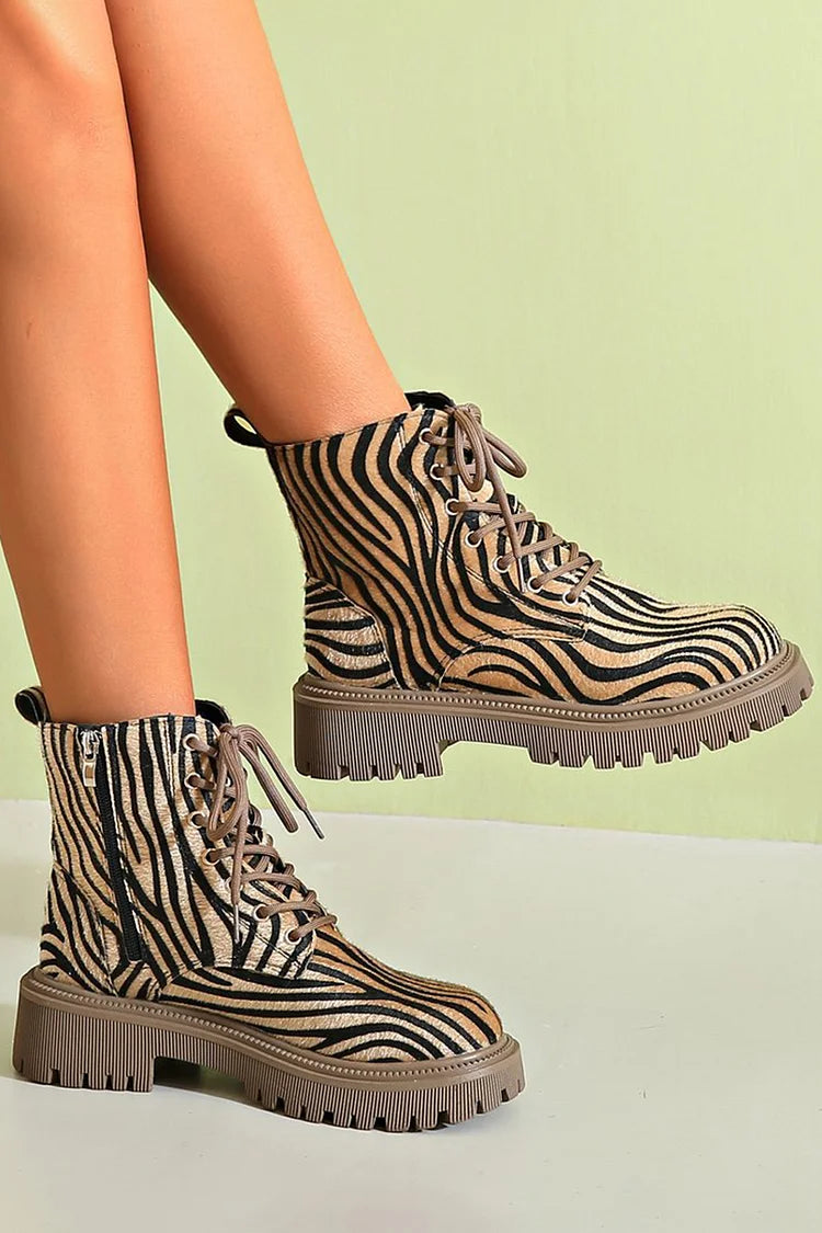 Zebra Print Patchwork Round Toe Lace Up Ankle Boots