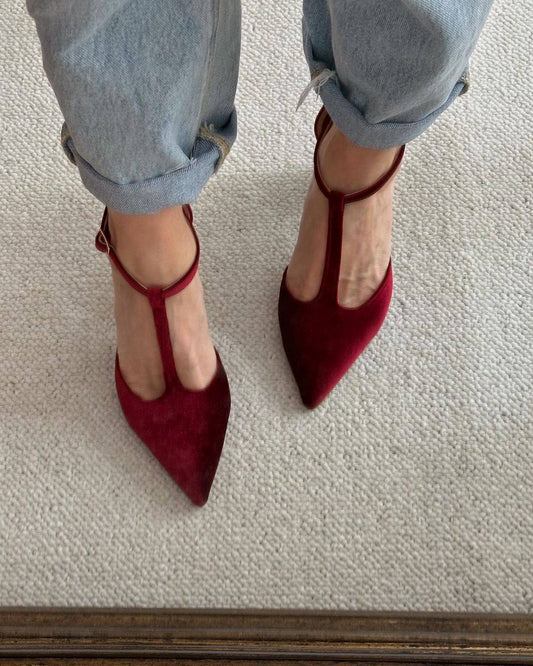 Schicke burgunderrote Samt-T-Riemchen spitze Zehen elegante Blockabsätze [Vorbestellung]