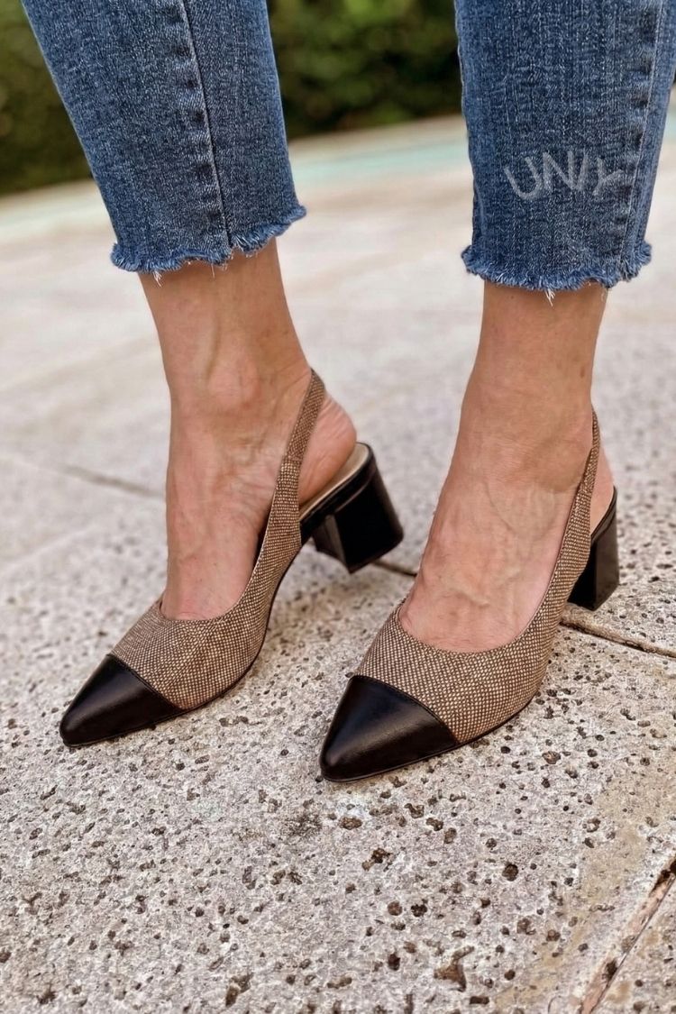 Color Block Pointed Toe Fabric Panel Slingback Block Heels [Pre Order]