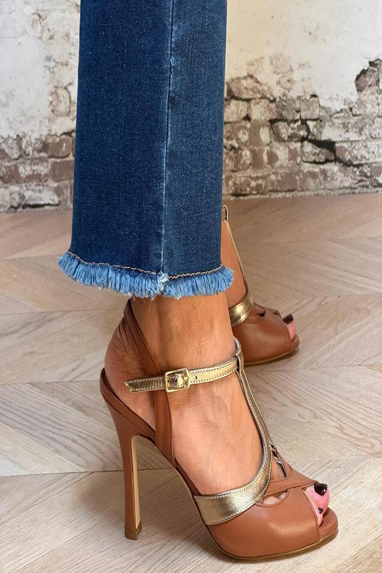 T-Strap Buckle Hollow Out Peep Toe Brown Stiletto Heels [Pre Order]