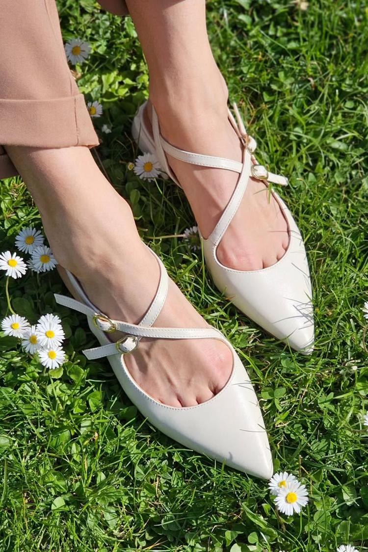 Cross Strap Buckle Pointed Toe Slingback White Low Heels [Pre Order]