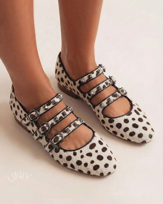 Spotted Print Triple Buckle Strap Mary Jane Flats [Pre Order]