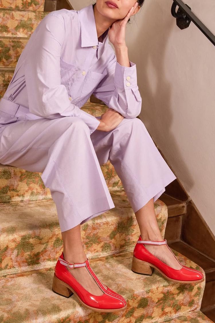 Scarpe col tacco rosso con cinturino a T colorblock, punta affilata e fibbia [Pre-ordine]