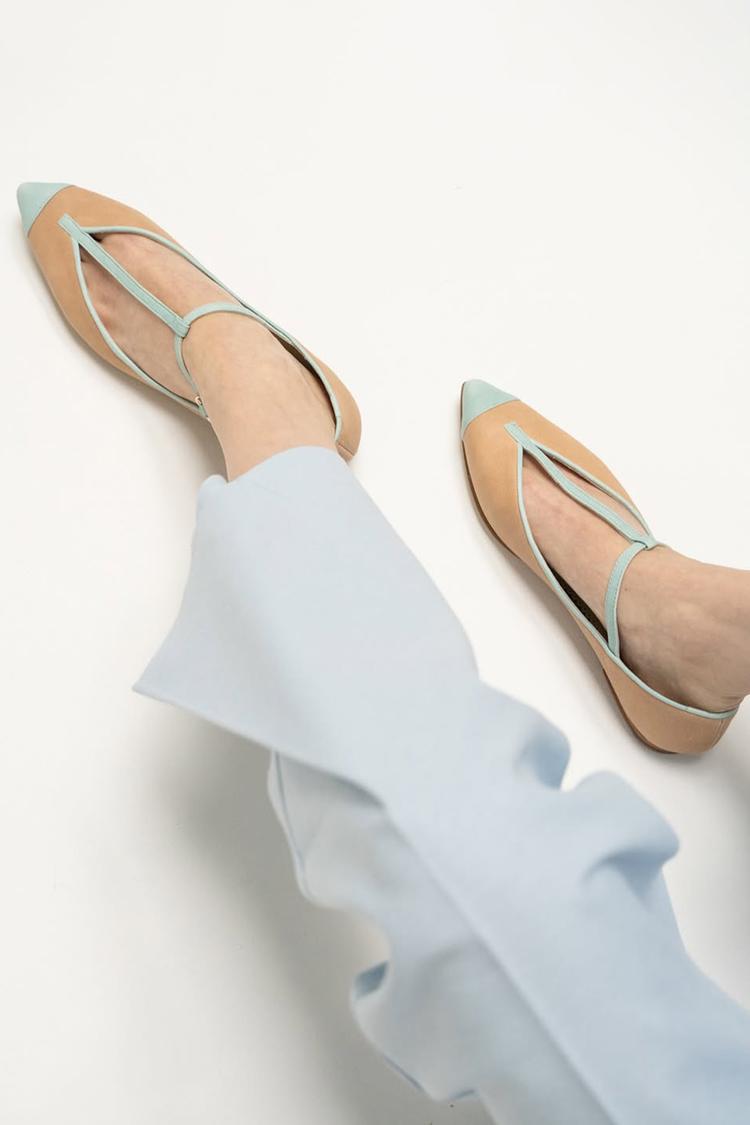 Colorblock T-Strap Buckle Pointed Toe Light Brown Flats [Pre Order]