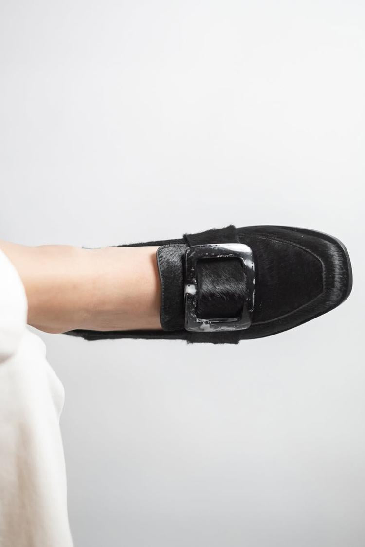 Patchwork Strap Buckle Square Toe Black Loafers [Pre Order]