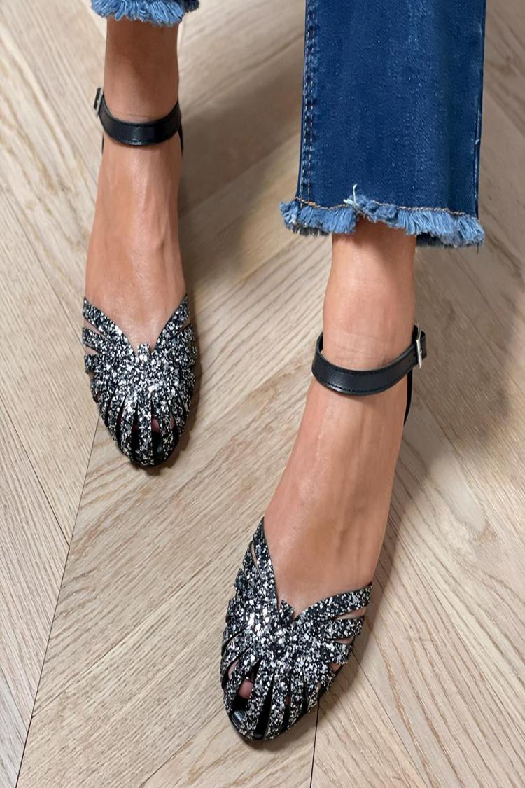 Sandali neri con cinturino alla caviglia, fibbia e punta tonda con glitter e trafori