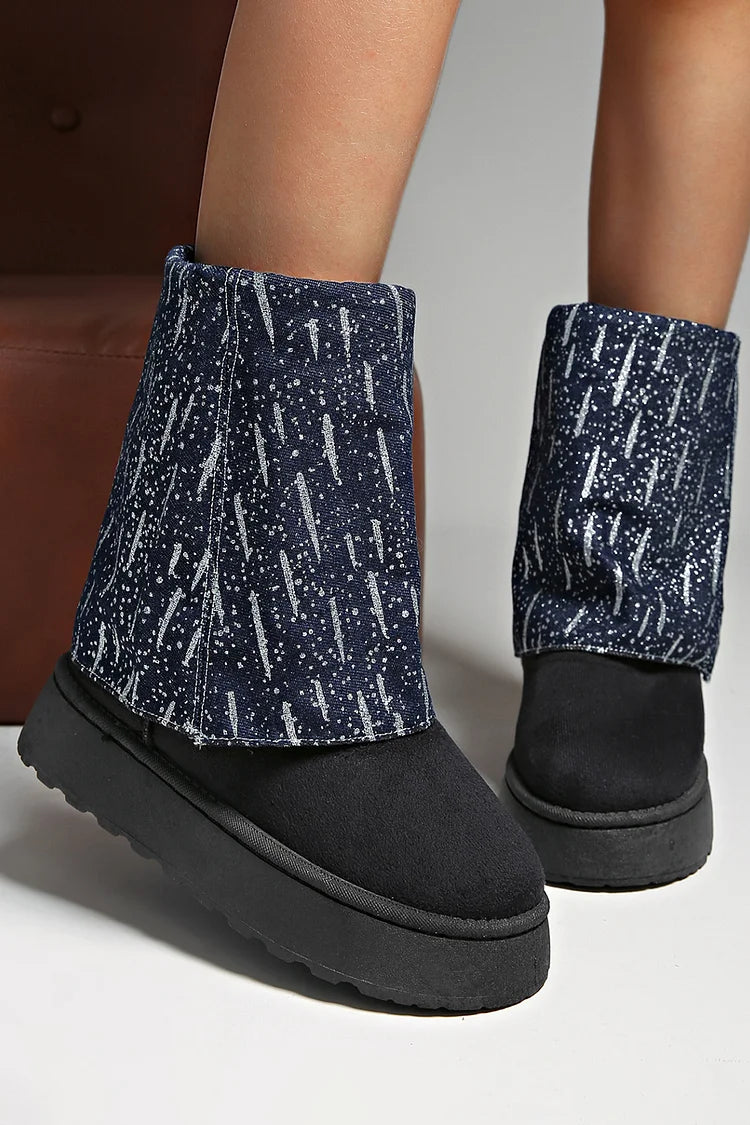 Denim Patchwork Fold Over Round Toe Low Platform Snow Boots