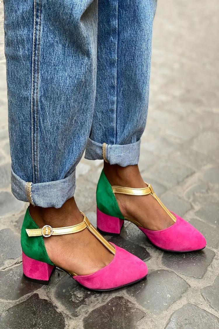 Color Block Ankle Strap Pointed Toe Chunky Heels