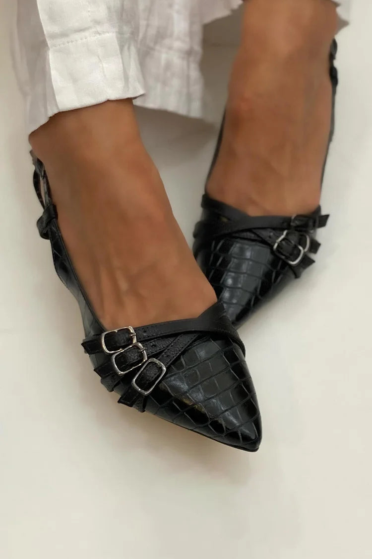 Scarpe con tacco a spillo nere con punta affilata e stampa coccodrillo [Pre-ordine]