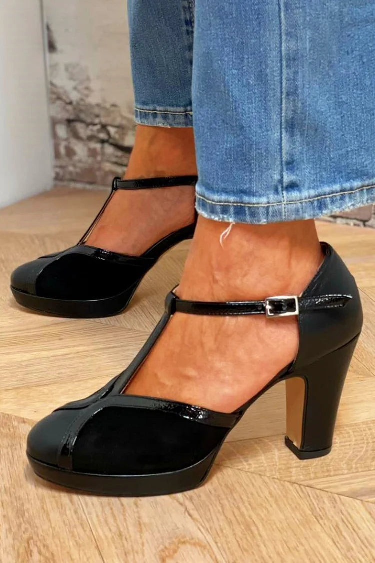 Colorblock T-Strap Buckle Closed Toe Black Chunky Heels